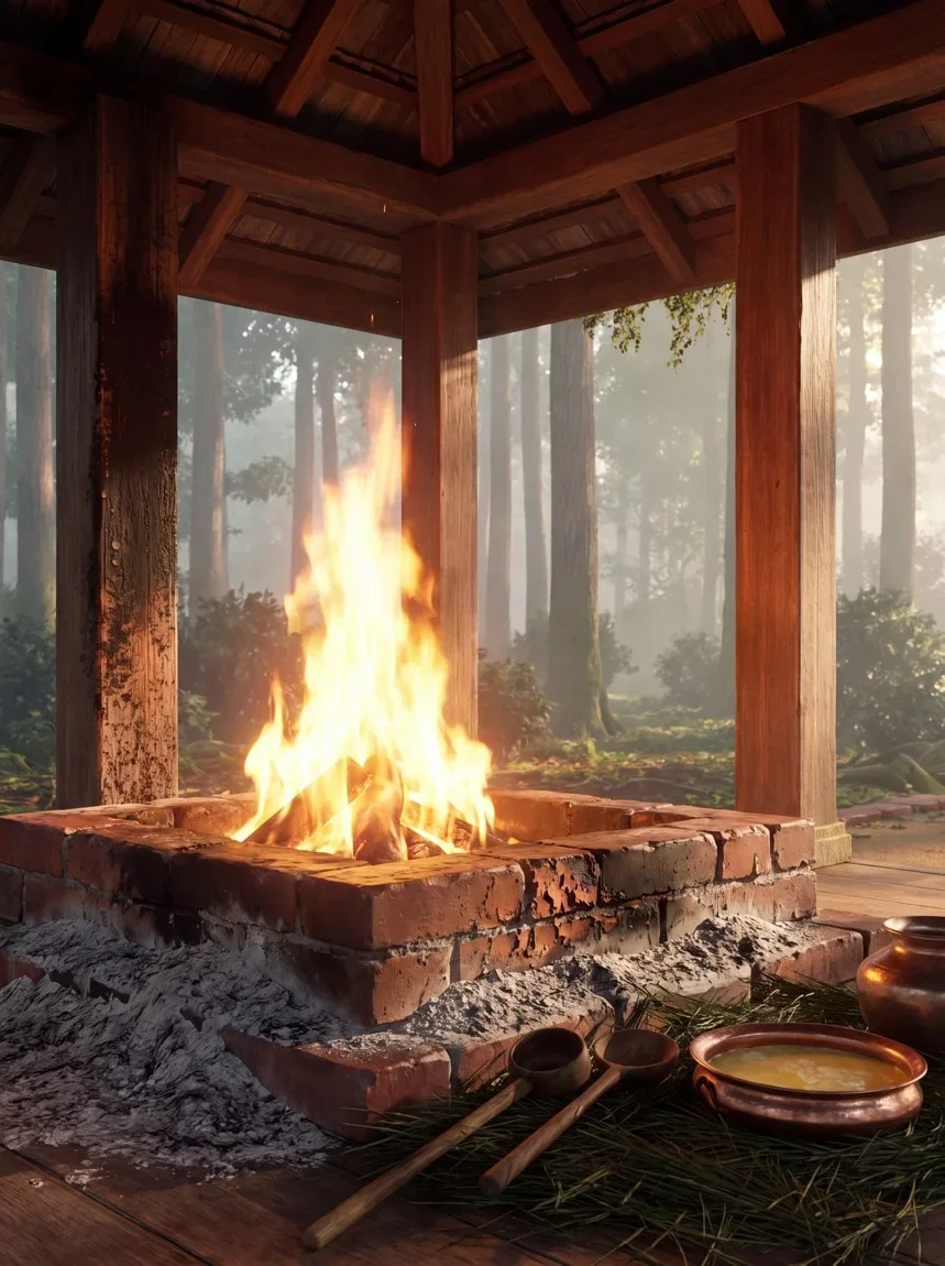 The sacrificial fire burning in its brick altar under a wooden canopy
