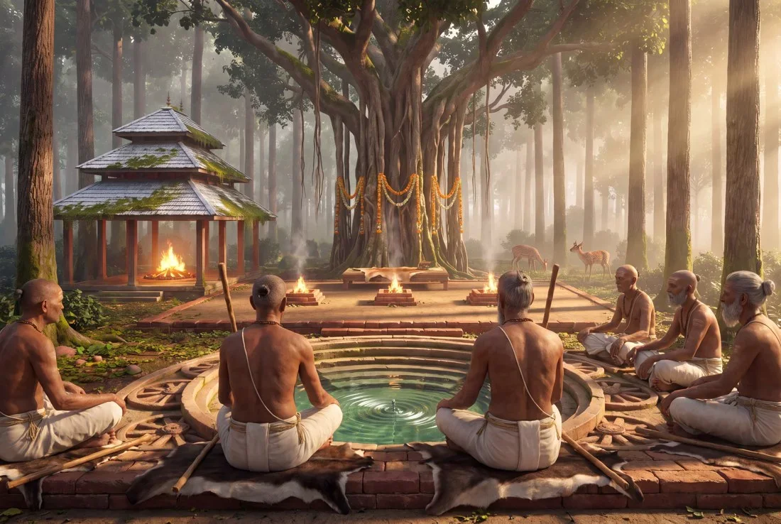 Rishis seated in a row along the pool