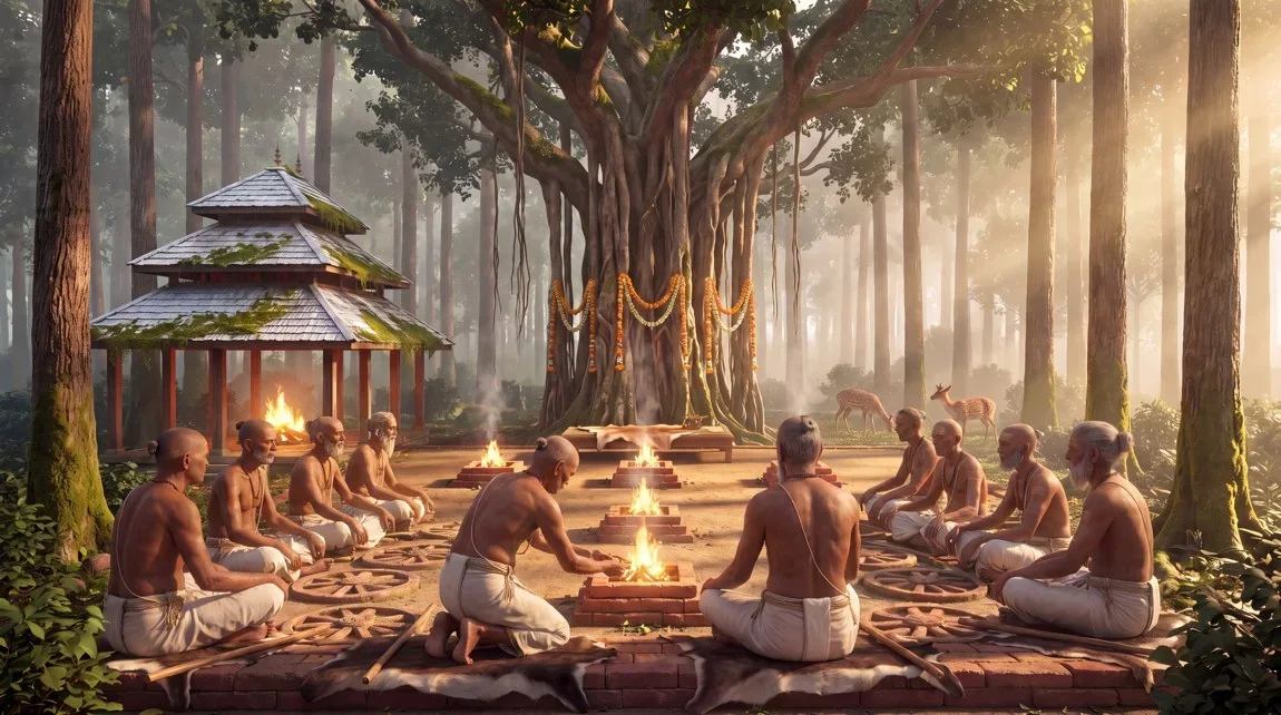 The rishis seated around the fires beneath the banyan at Naimisharanya