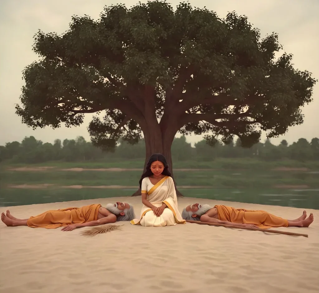 Book Zero — Bhakti by the river, her two sons asleep beside her.