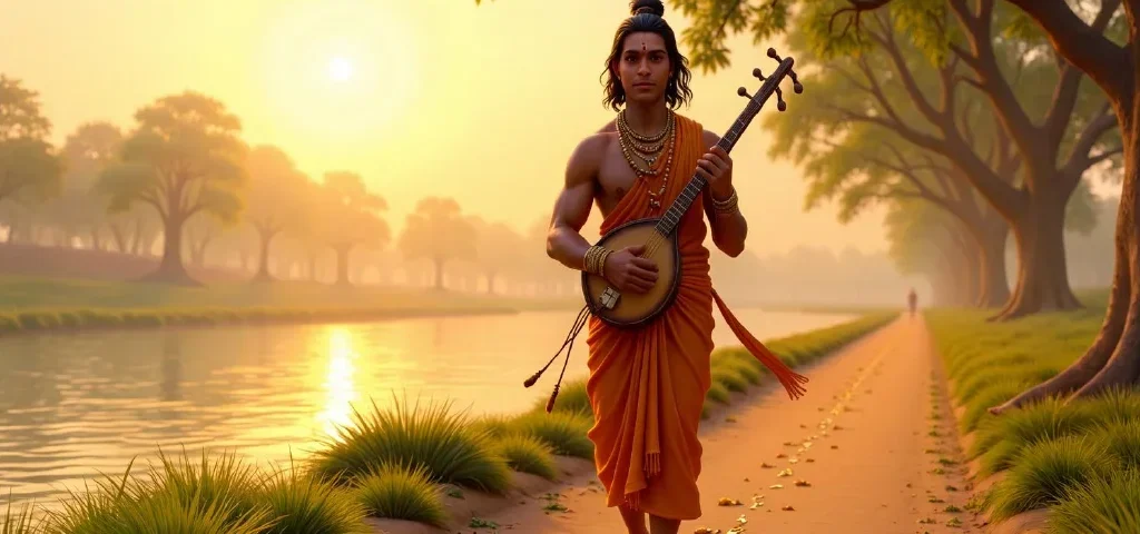 Book Zero — Narada on the river path at dawn, carrying his veena.